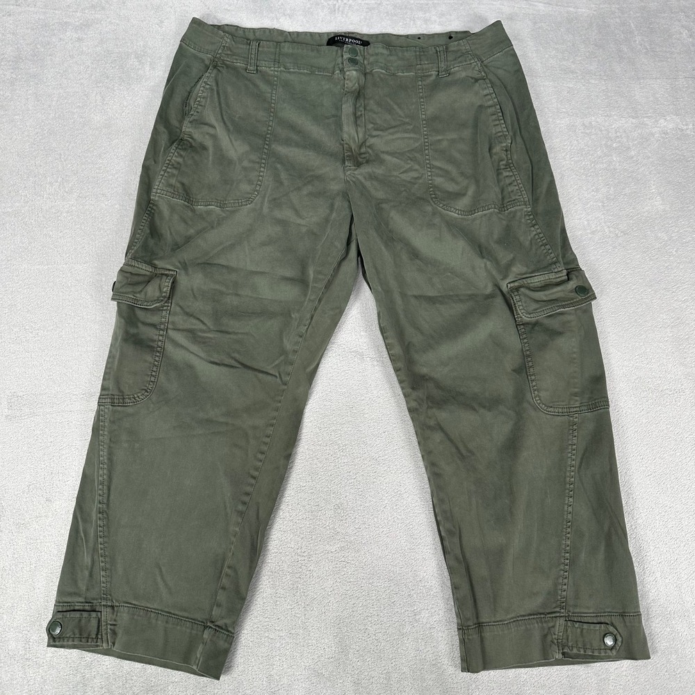 Liverpool Utility Crop Pants Women 22W Green Mid-Rise Tab Hem Cargo Pockets